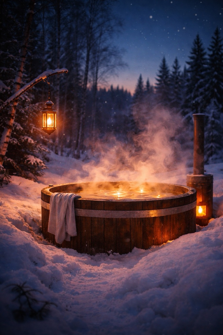 Dampfender Holz-Badezuber im Schnee bei blauer Stunde