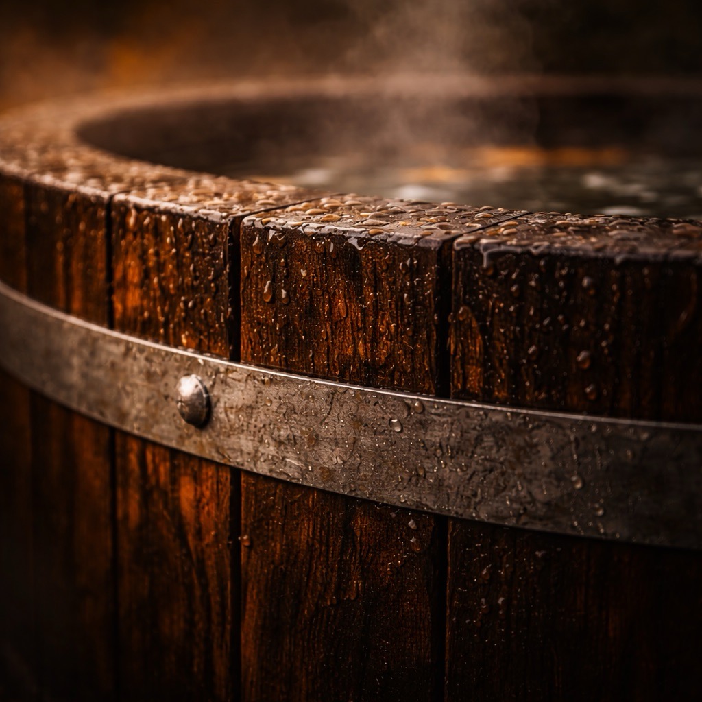 Nahaufnahme der Holzdauben mit Wassertropfen
