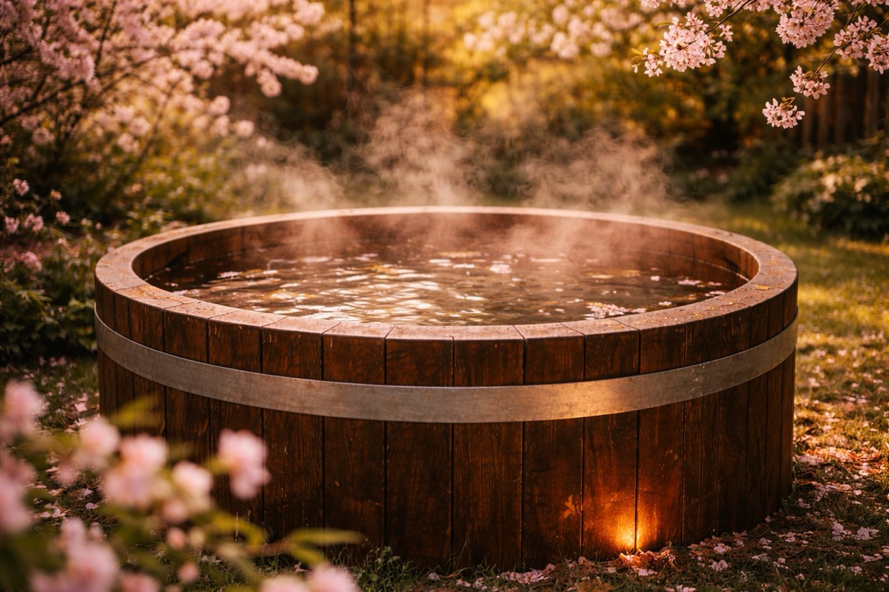 Badezuber im blühenden Frühlingsgarten mit Kirschblüten